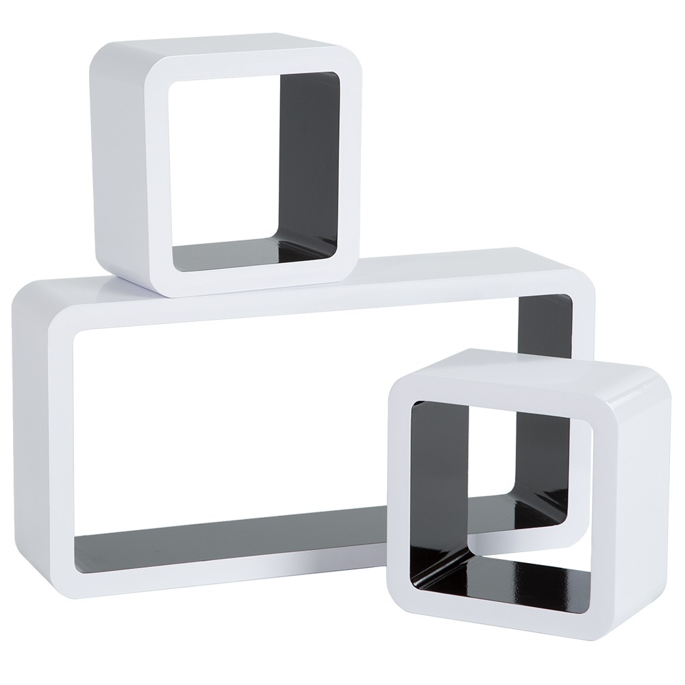 Set of three wall-mounted cuboid floating shelves in black and white, featuring a glossy finish and modern design, ideal for displaying books or decorative items.