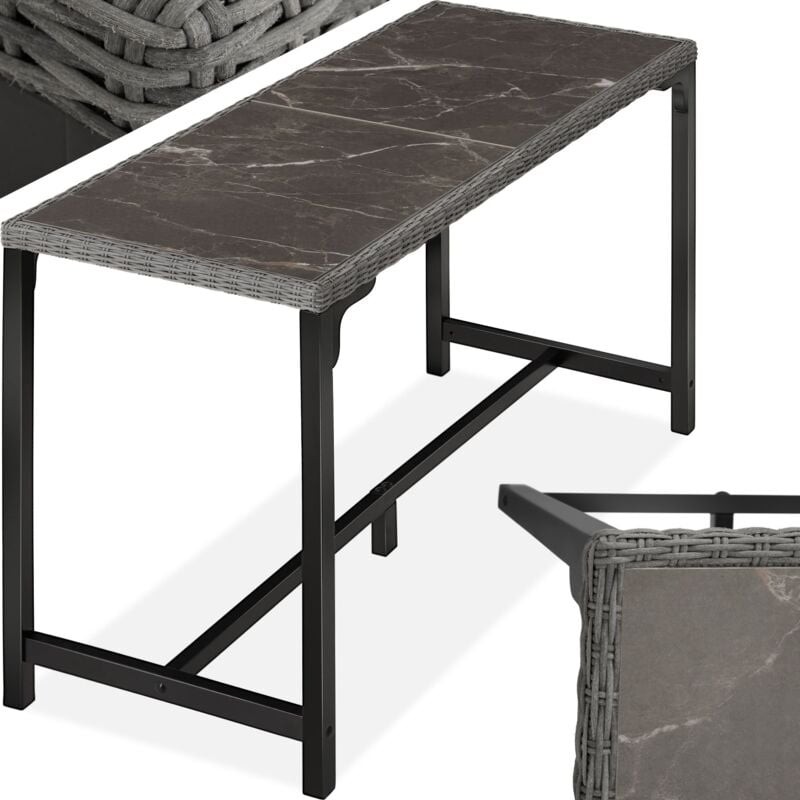 Grey rattan dining table with a marble-effect top, featuring a sturdy black metal frame and a sleek design, ideal for outdoor patio or garden use.