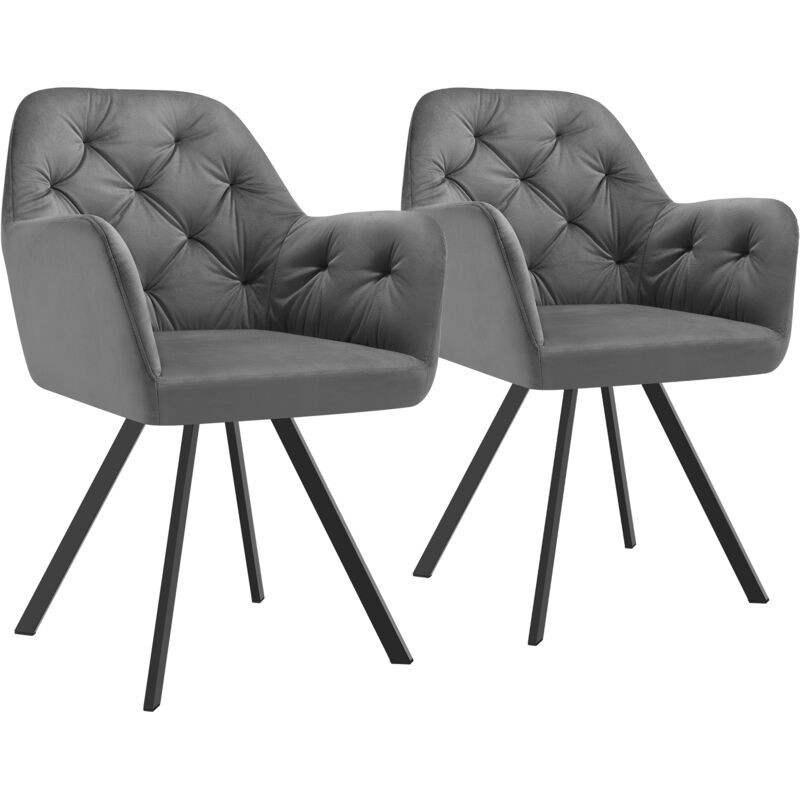 Set of two Tectake Lucia armchairs in anthracite grey, featuring a tufted upholstery design and sleek black metal legs for a modern look.