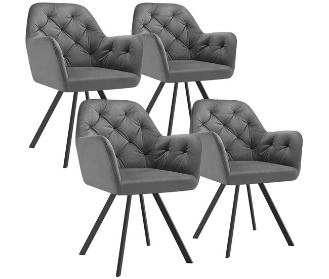 Set of four Tectake Lucia armchairs in anthracite, featuring a tufted design, soft fabric upholstery, and sleek black metal legs.