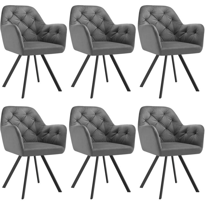 Set of six Tectake Lucia armchairs in anthracite gray, featuring a tufted design, plush upholstery, and sleek black metal legs for a modern look.