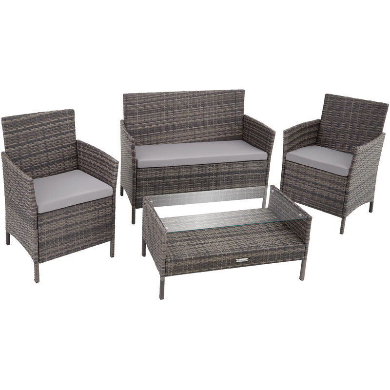 Grey rattan sofa furniture set featuring a two-seater sofa, two armchairs, and a glass-topped coffee table, all with light grey cushions.