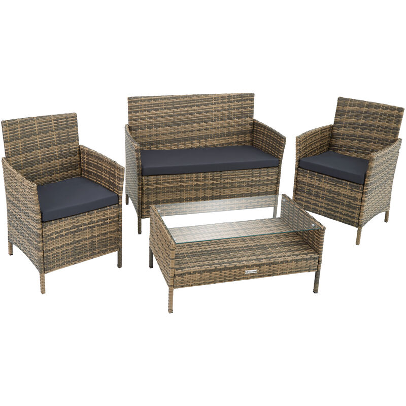 Brown and grey rattan 4-seater sofa furniture set featuring a two-seater sofa, two armchairs, and a glass-top coffee table, with dark cushions for comfort.