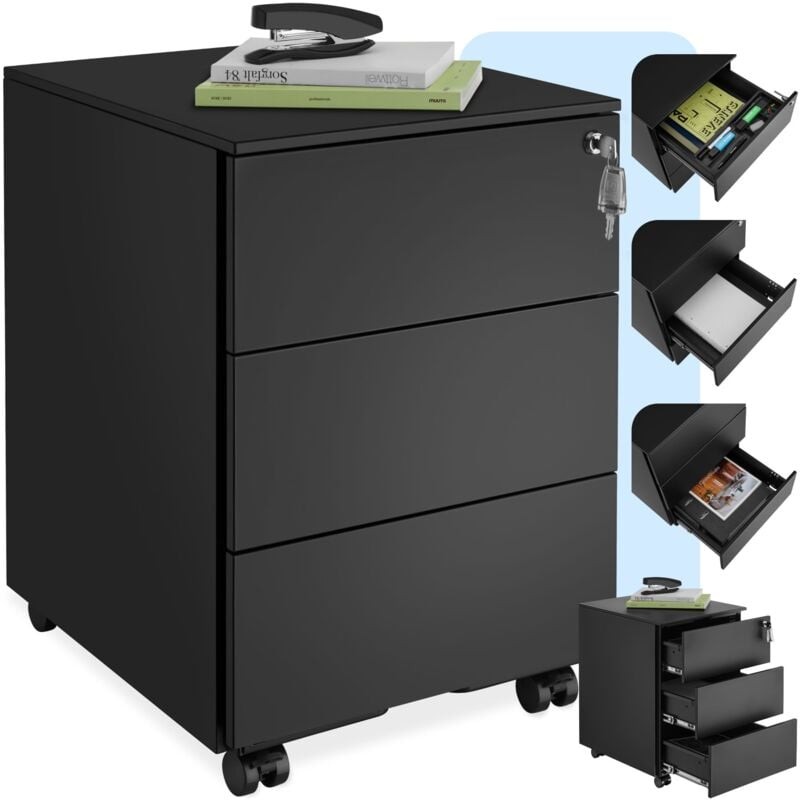 Black powder-coated steel filing cabinet with three lockable drawers, featuring a sleek design and wheels for mobility, topped with a book and a notepad.