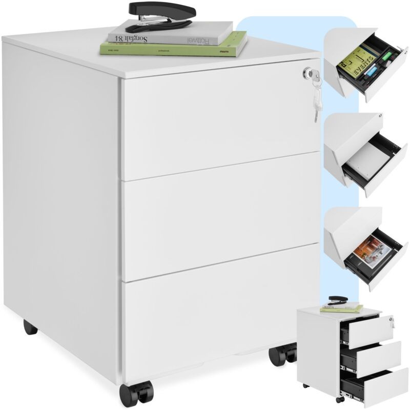 White powder-coated steel filing cabinet with three lockable drawers, featuring a key, wheels for mobility, and a flat top surface with documents and a stapler.
