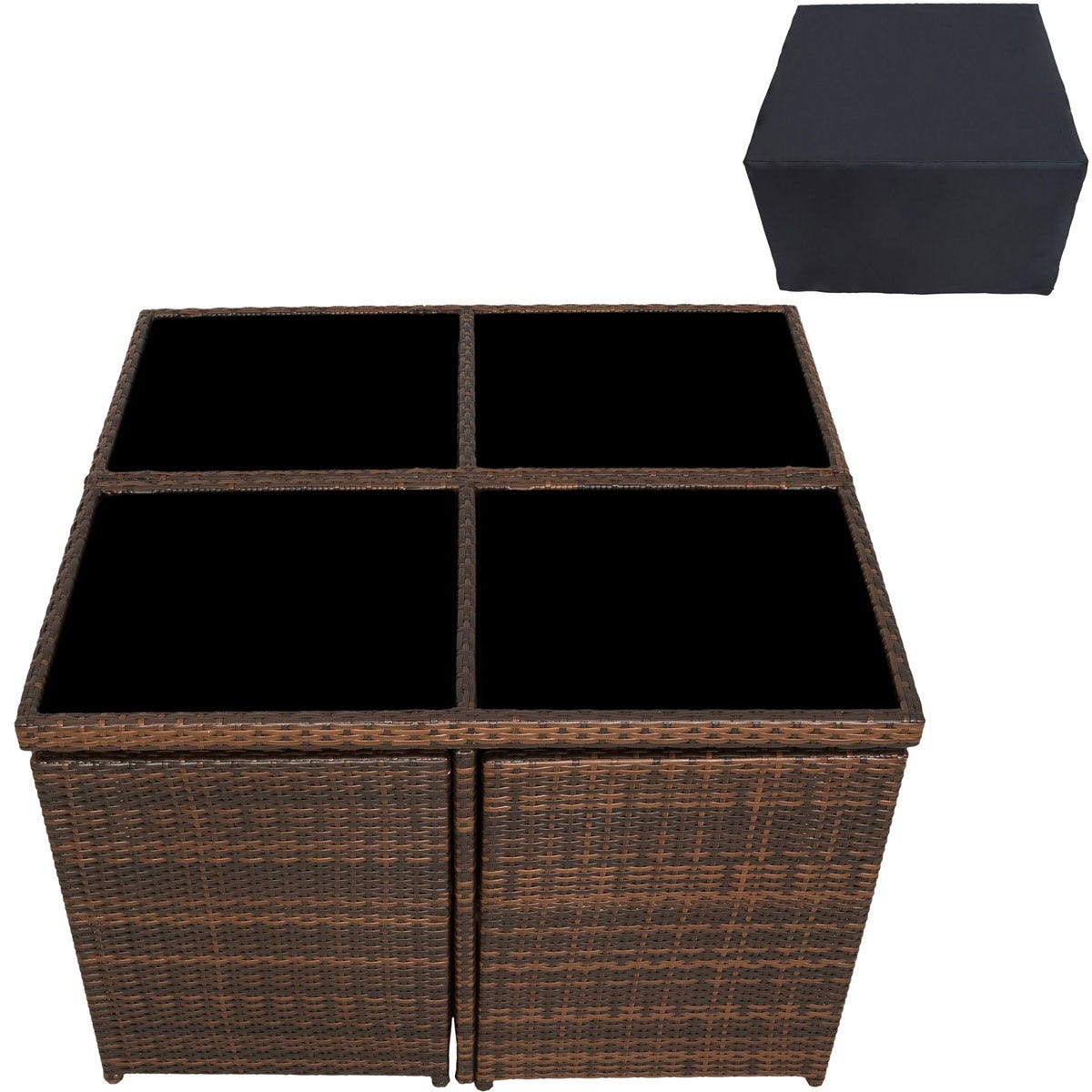 Brown rattan dining set for eight with grey cushions, featuring a square table and a protective black cover.