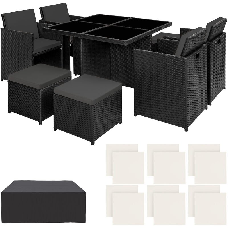 Black rattan 8-seater dining set with cream cushions, featuring a square table and matching stools, includes a protective cover for outdoor use.