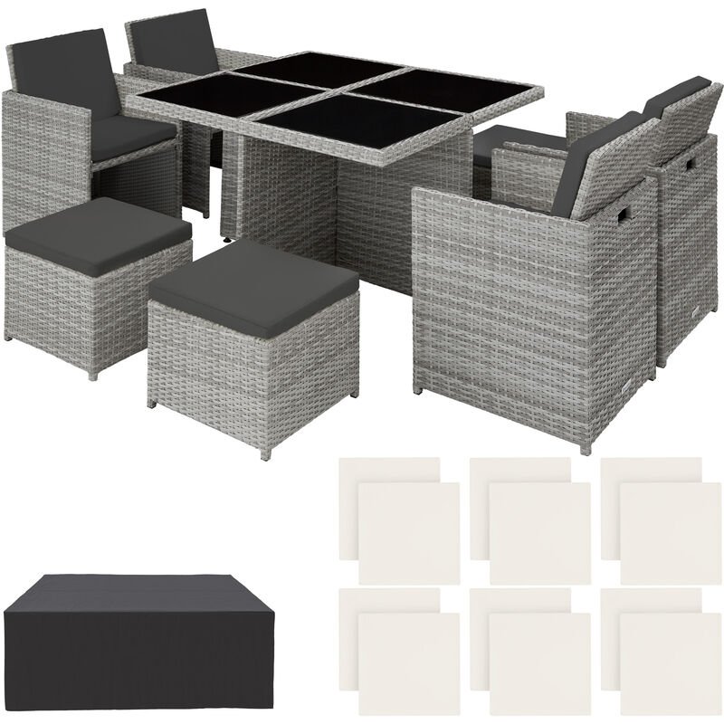 Light grey rattan 8-seater dining set with cream cushions, featuring a square table with black glass top and protective cover, includes four chairs and four stools.