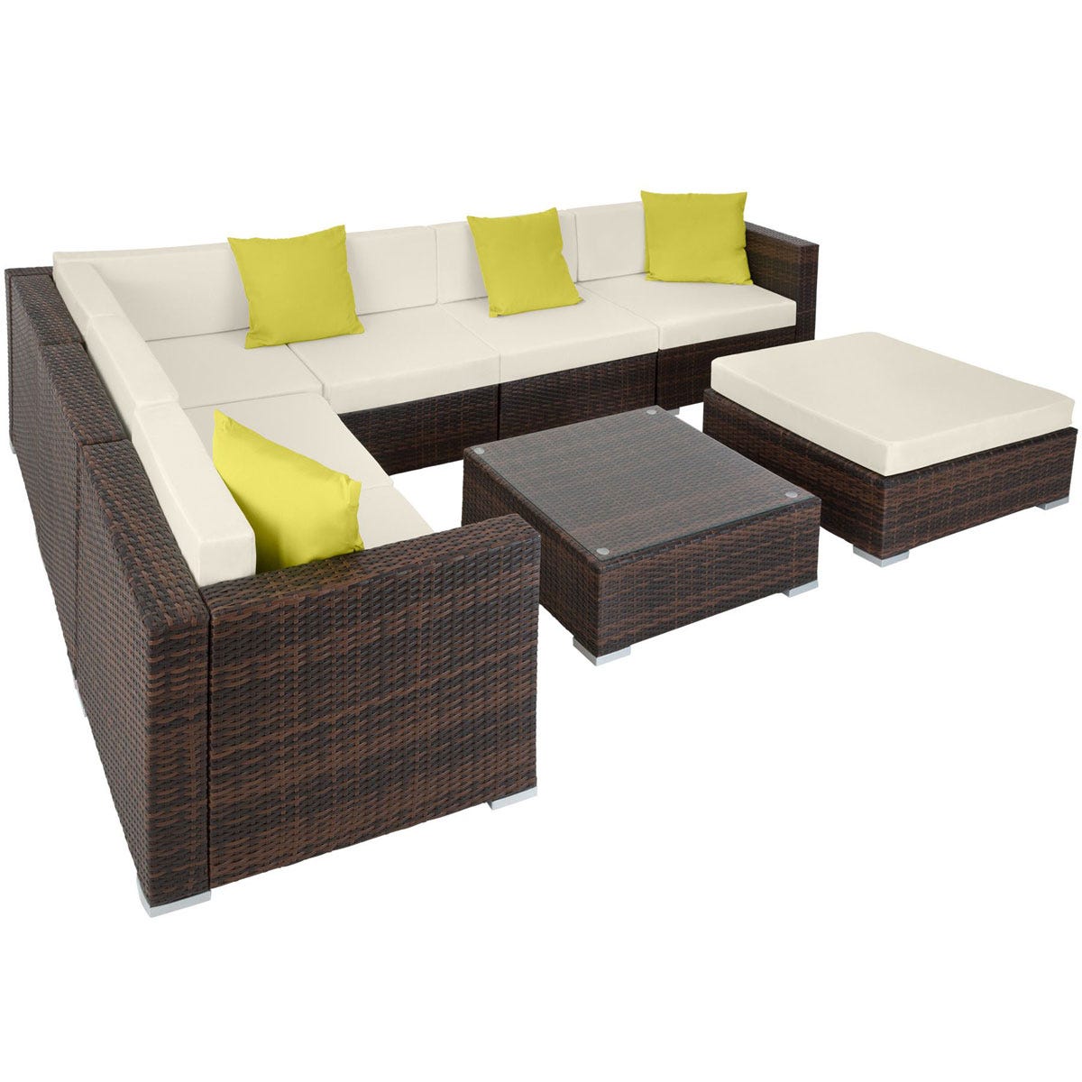 Rattan garden lounge set in brown with cream cushions and bright yellow accent pillows, featuring a spacious sectional sofa and a matching coffee table.