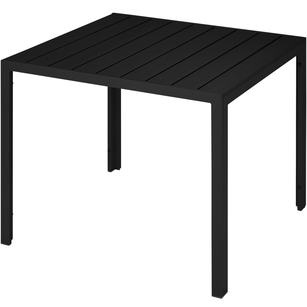 Square black aluminum garden table with adjustable feet, featuring a slatted top design, measuring 90x90x74.5 cm, ideal for outdoor use.