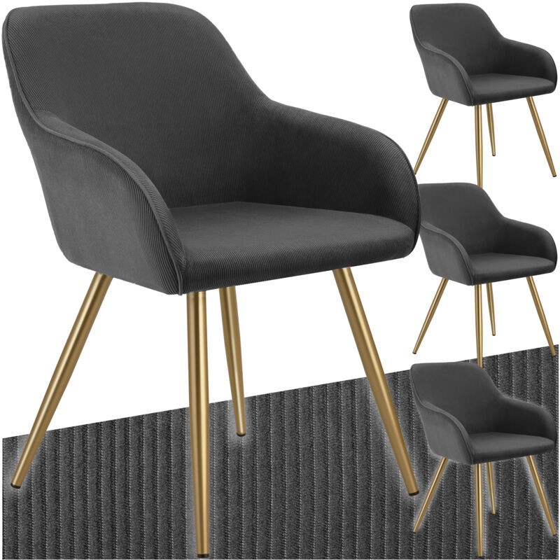 Set of four Tectake Marilyn dining chairs featuring a sleek anthracite fabric upholstery and gold metal legs, showcasing a modern, stylish design perfect for any dining space.