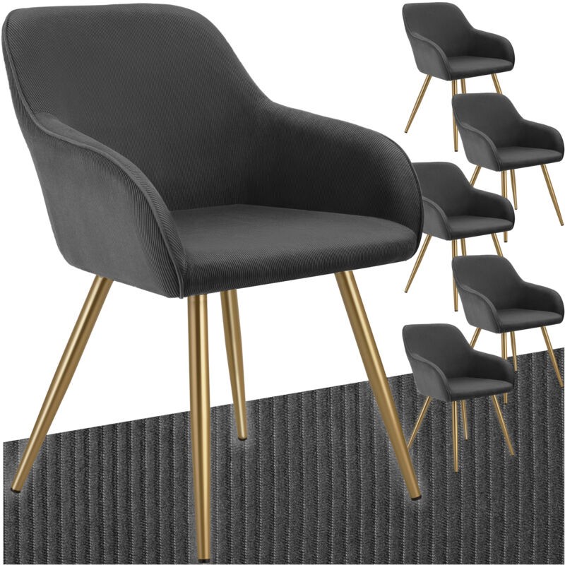 Set of six Tectake Marilyn dining chairs in anthracite fabric with gold metal legs, featuring a modern design and comfortable armrests.