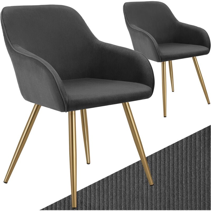 Set of two Tectake Marilyn dining chairs in anthracite fabric with gold metal legs, featuring a modern design and curved armrests for comfort.