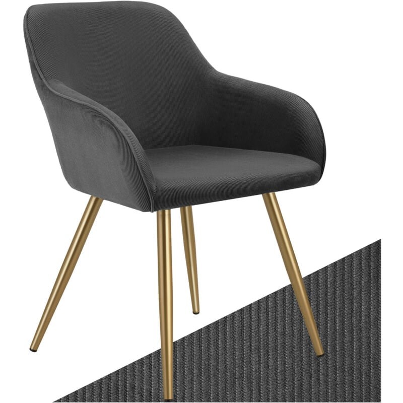 Stylish dining chair in anthracite fabric with a curved backrest and gold metal legs, featuring a modern design and comfortable seating.