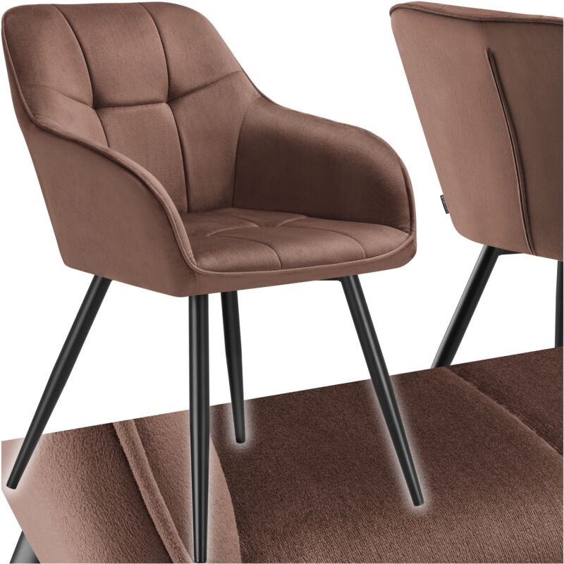 Brown velvet dining chair with a quilted pattern, featuring curved armrests and sleek black legs, designed for comfort and style.