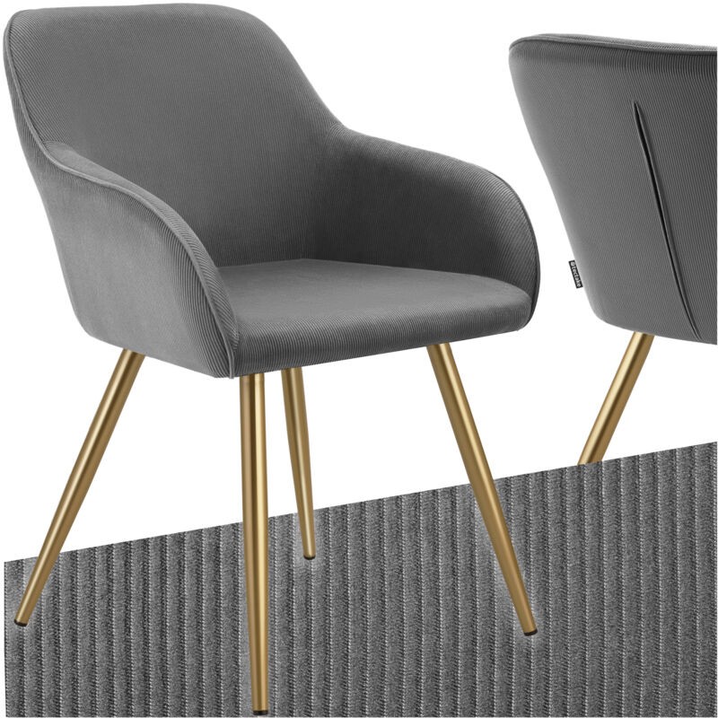 Stylish grey dining chair with a curved back, upholstered in ribbed fabric, and supported by sleek gold metal legs.