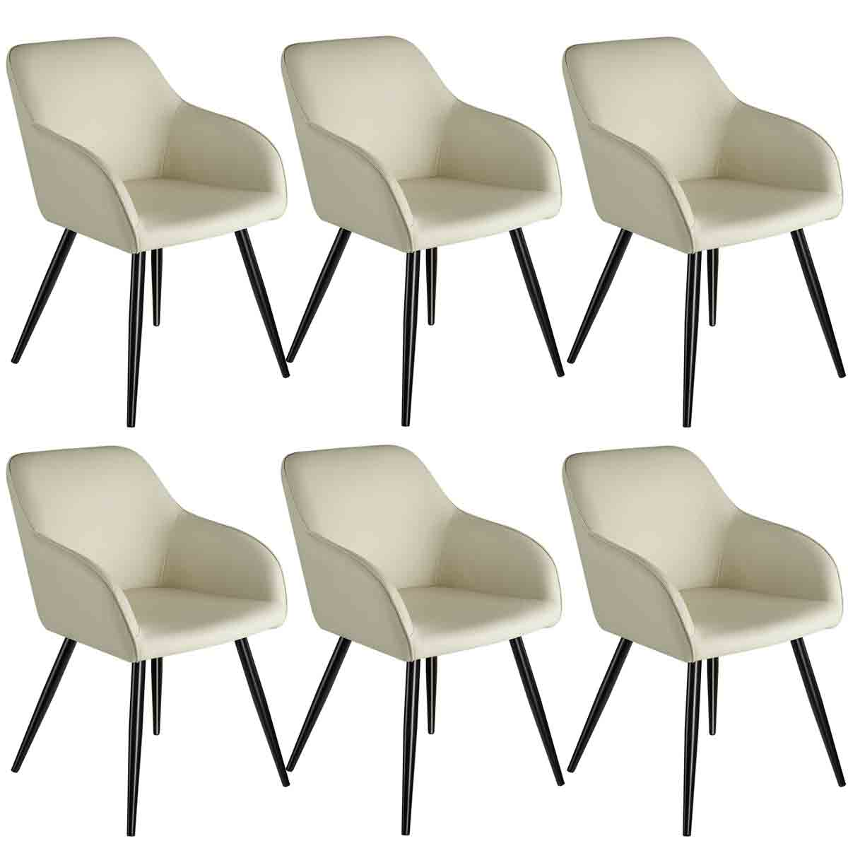 Set of six cream-colored accent chairs with armrests, featuring a sleek design and black wooden legs, ideal for modern decor.
