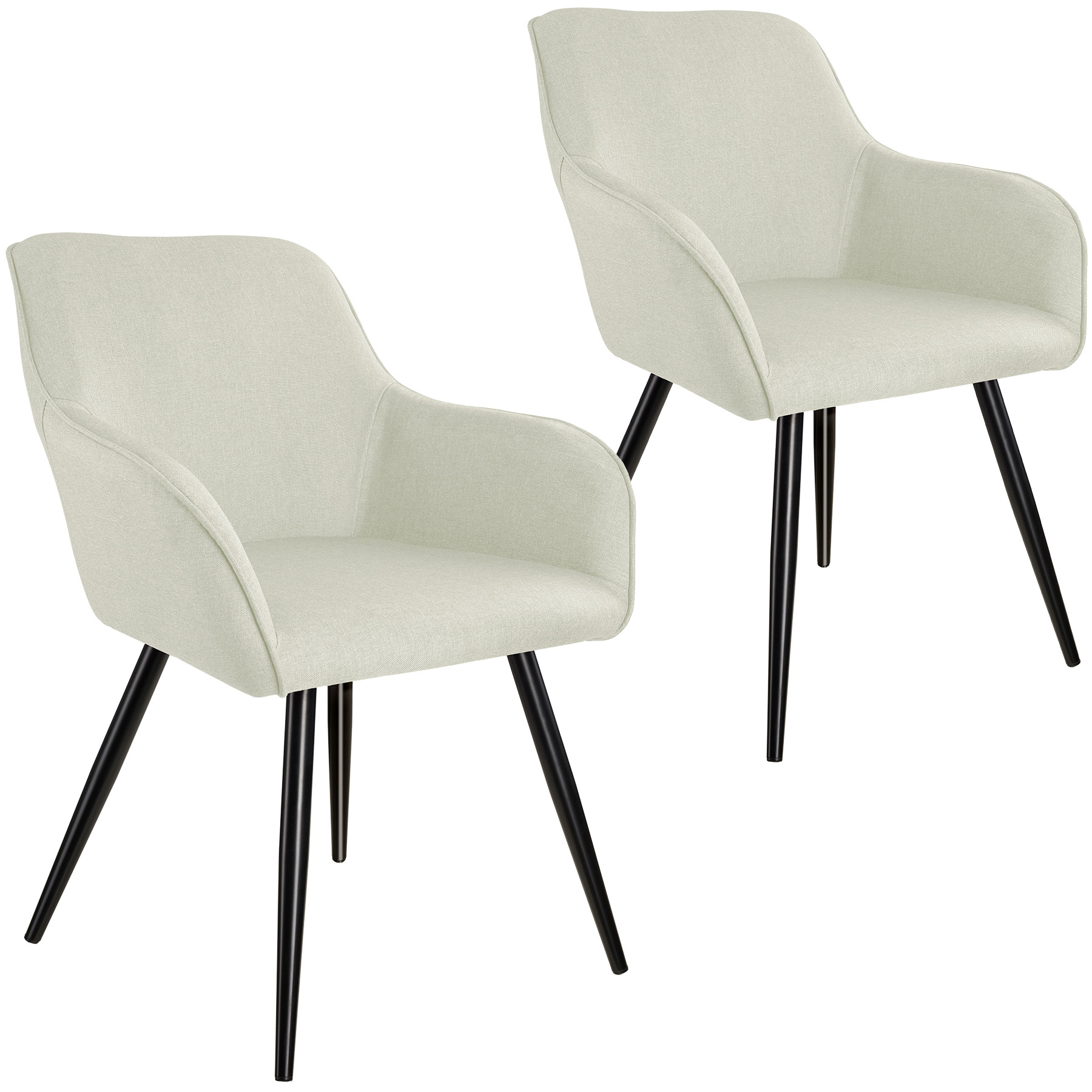 Cream accent chairs with armrests, featuring a soft fabric upholstery and sleek black metal legs, sold as a set of two.