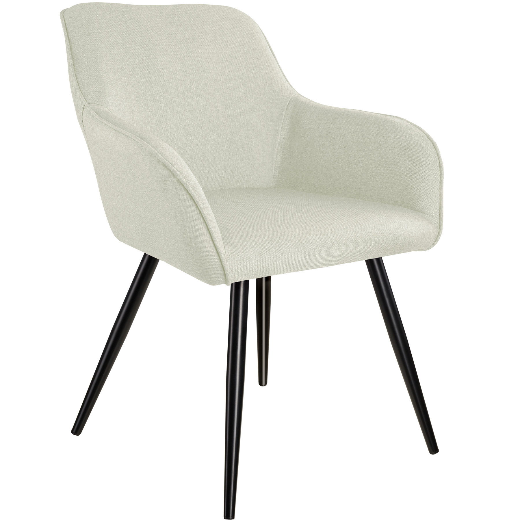 Cream-colored accent chair with armrests, featuring a soft fabric upholstery and sleek black legs, designed for comfort and modern style.