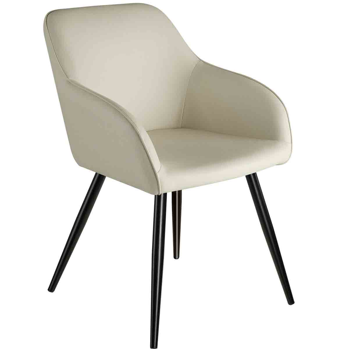 Cream-colored accent chair with armrests, featuring a sleek design and black wooden legs, upholstered in a smooth, durable material.