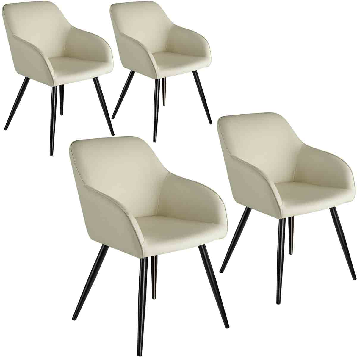 Set of four cream-colored Tectake Accent Chairs with armrests, featuring a sleek design and black wooden legs, ideal for modern decor.