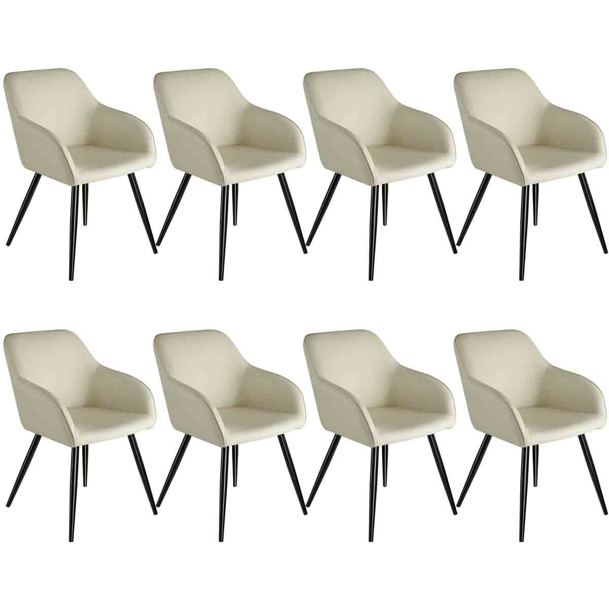 Set of 8 cream accent chairs with armrests, featuring a soft fabric upholstery and sleek black metal legs for a modern look.