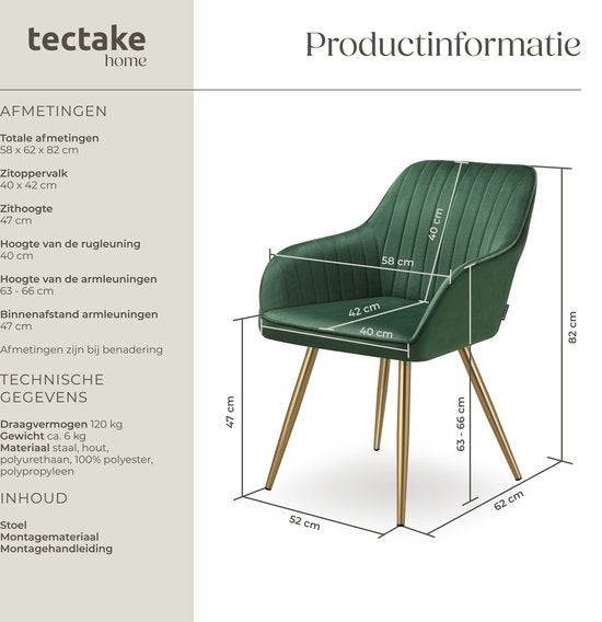 tectake Marilyn Dark Green and Gold Quilted Velvet Dining Chair - image 4