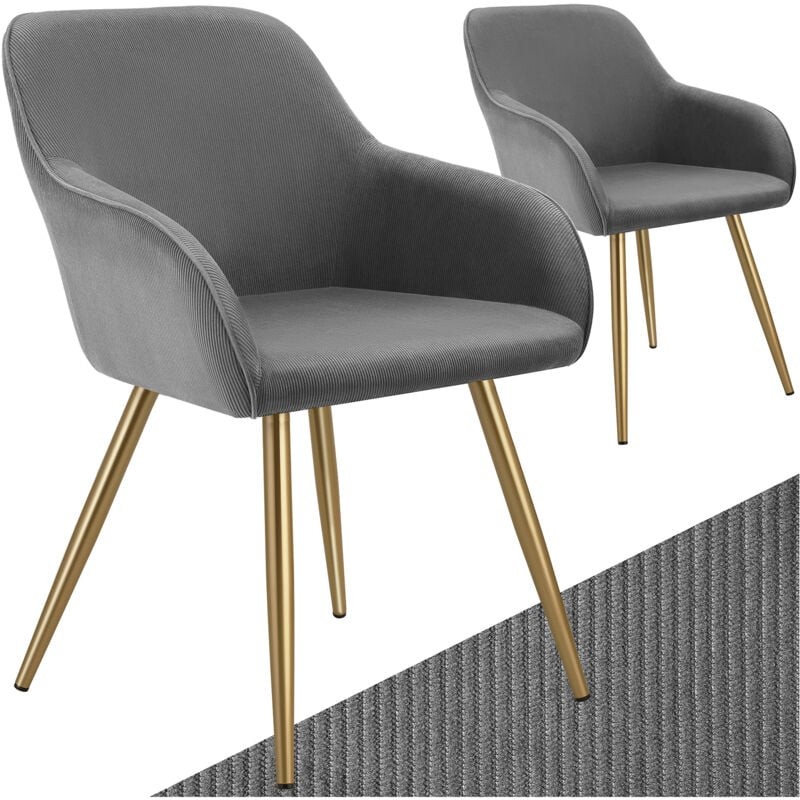 Stylish set of two dining chairs featuring a soft grey fabric upholstery, curved backrest, and elegant gold metal legs.