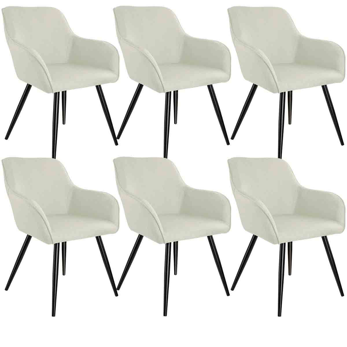 Set of six cream accent chairs with armrests, featuring a sleek design and sturdy black legs, upholstered in soft fabric for comfort.