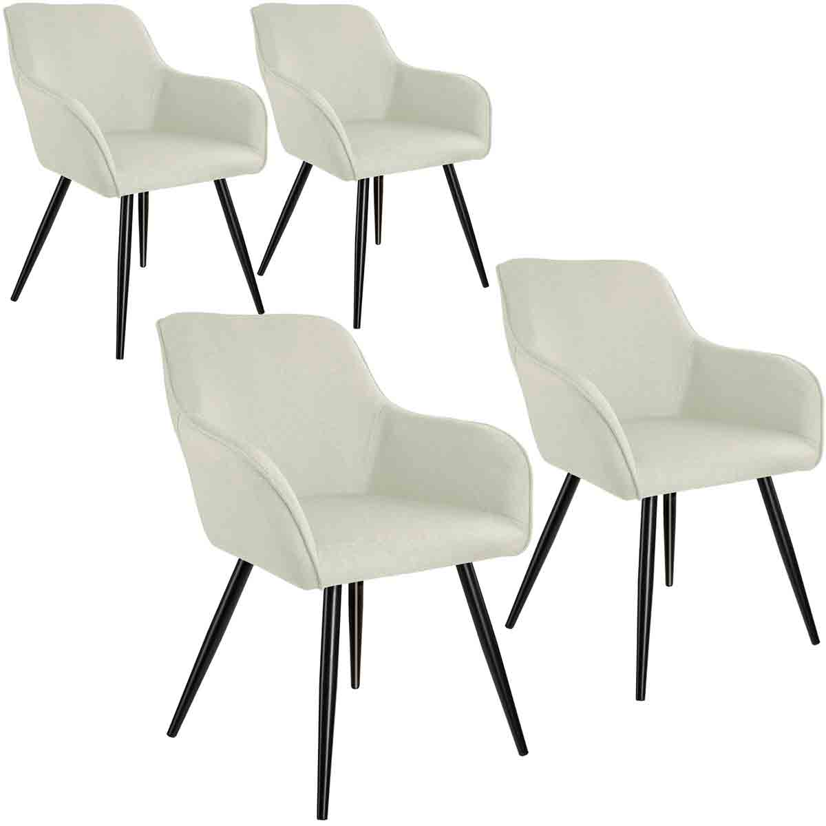 Set of four cream accent chairs with armrests, featuring a modern design and sturdy black legs, made from soft fabric for comfort and style.