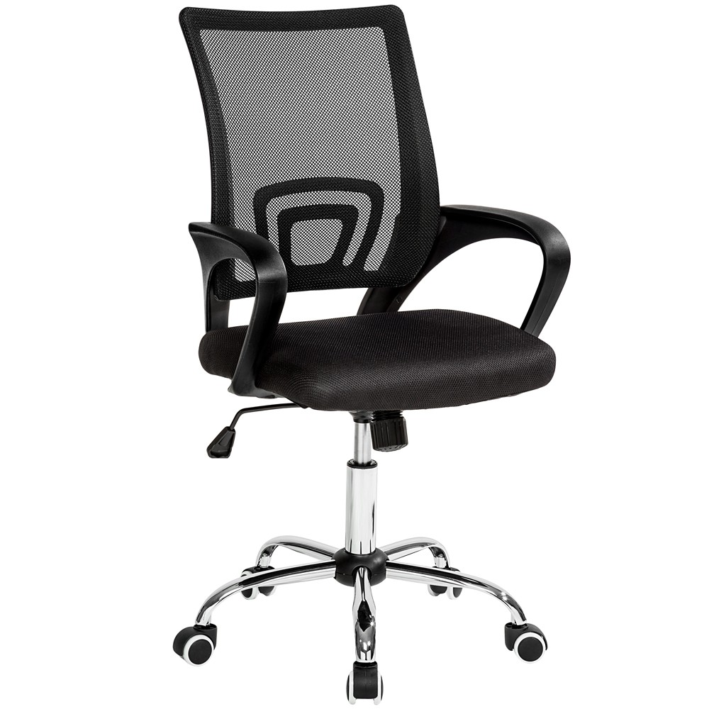 Black mesh office chair with a padded seat, adjustable height, and chrome base on rolling casters, featuring curved armrests for comfort.