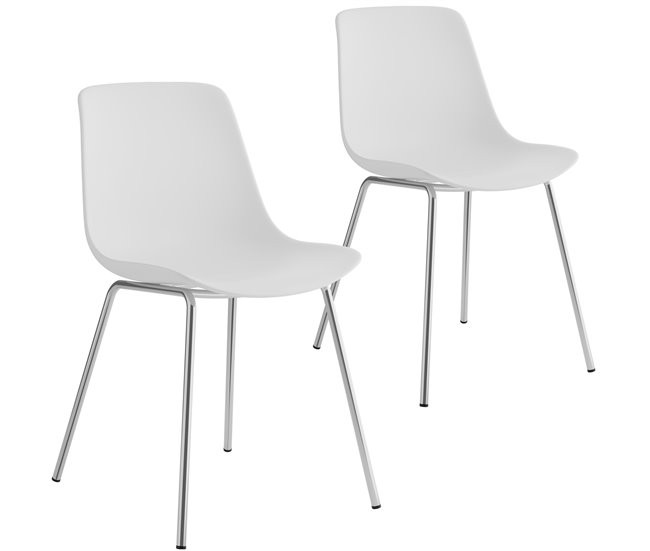 Set of two modern dining chairs featuring a sleek white plastic seat and shiny chrome legs, designed for a contemporary aesthetic.