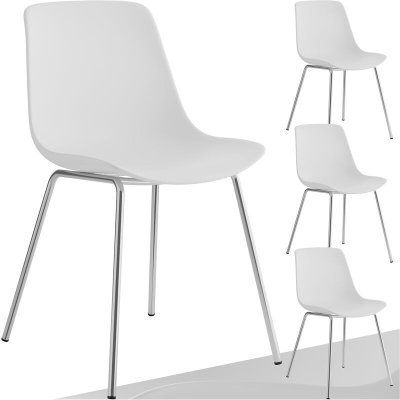 Set of four Tectake Mave dining chairs featuring a sleek white plastic seat and chrome legs, offering a modern and minimalist design suitable for various dining spaces.