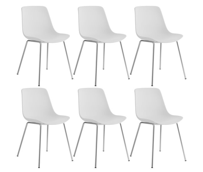 Set of six modern dining chairs featuring a sleek white plastic seat and chrome legs, designed for a minimalist aesthetic.