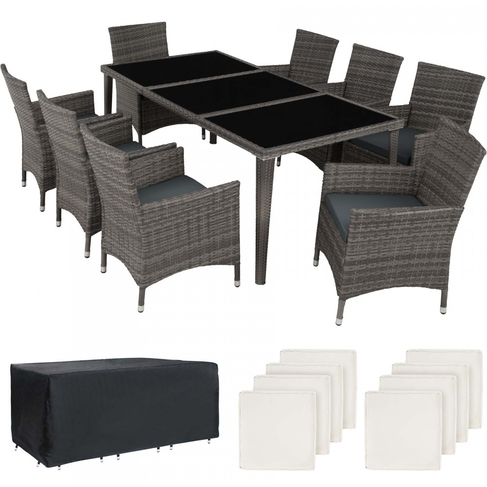 Grey rattan 8-seater furniture set with a glass-top table, featuring eight matching chairs with blue cushions, and a protective black cover.