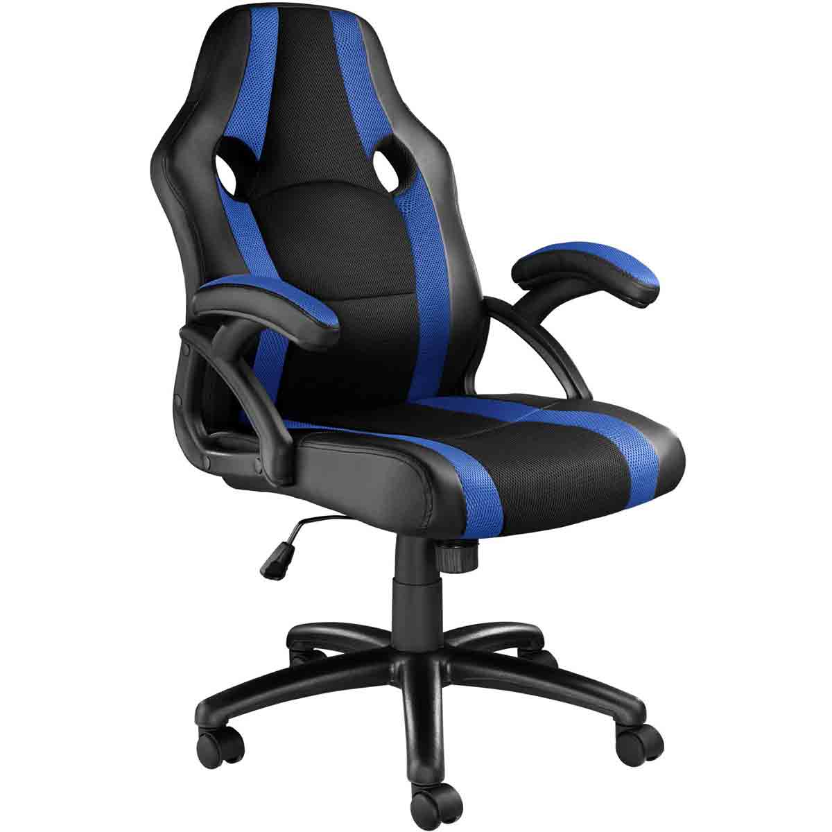 Black and blue ergonomic office chair featuring a mesh fabric seat, padded armrests, a height-adjustable base, and a sporty design with cut-out backrest details.