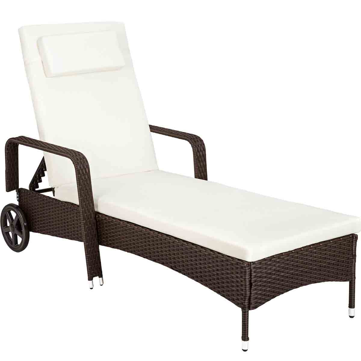 Brown rattan garden sun lounger with a six-step adjustable backrest, cream cushion, and wheels for easy mobility.