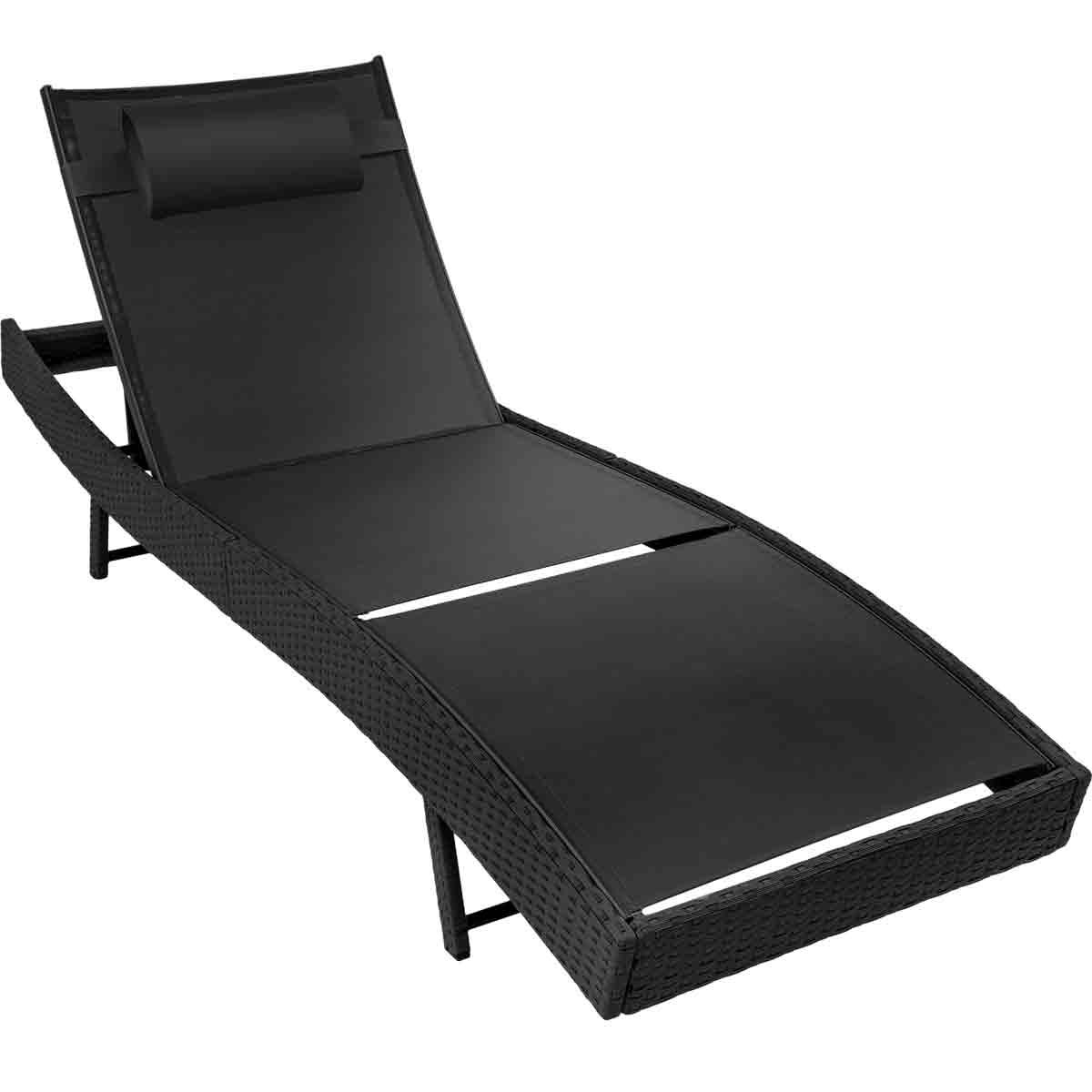 Black Tectake Sun Lounger Moana features a durable, UV-resistant design with a six-position adjustable backrest and a woven texture for added style and comfort.