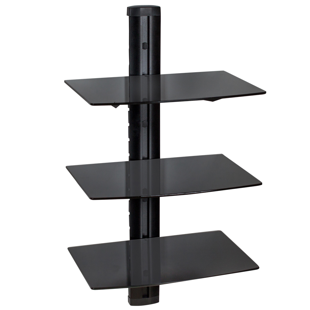 Three-tier floating shelves in black, featuring sleek glass shelves supported by a sturdy black pole, ideal for displaying items in modern interiors.