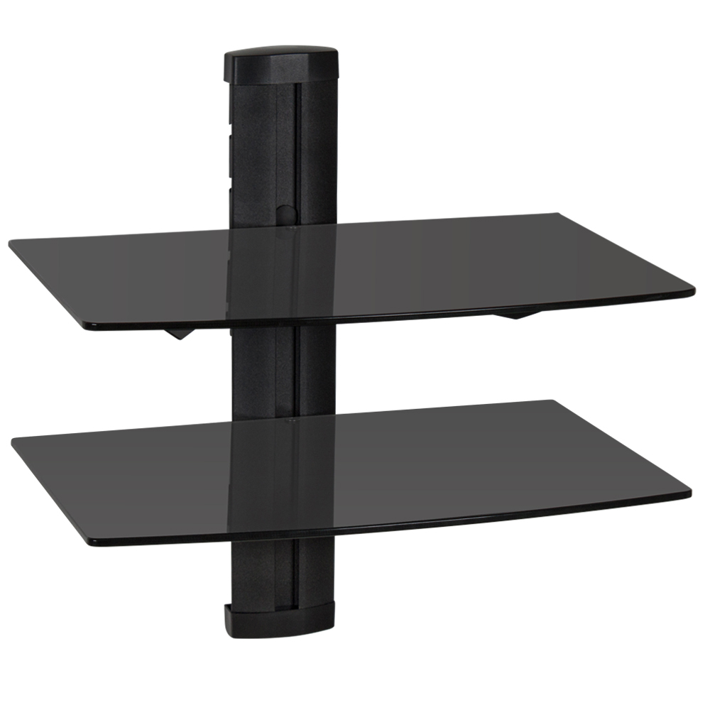 Black Tectake floating shelves featuring two tiers, made of sleek glass with a modern design, supported by a sturdy black mounting bracket.