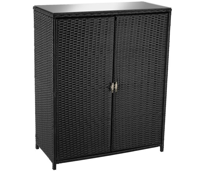 Black storage cabinet with a textured wicker design, featuring a safety glass panel top, two doors, and three removable shelves for versatile organization.