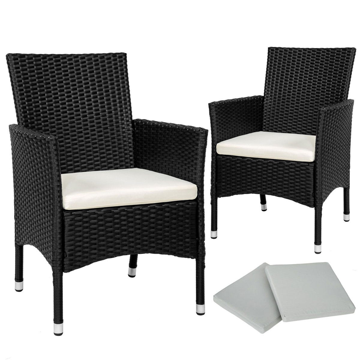 Two black rattan garden chairs with cream cushions and four matching seat covers, featuring a woven texture and sturdy legs.