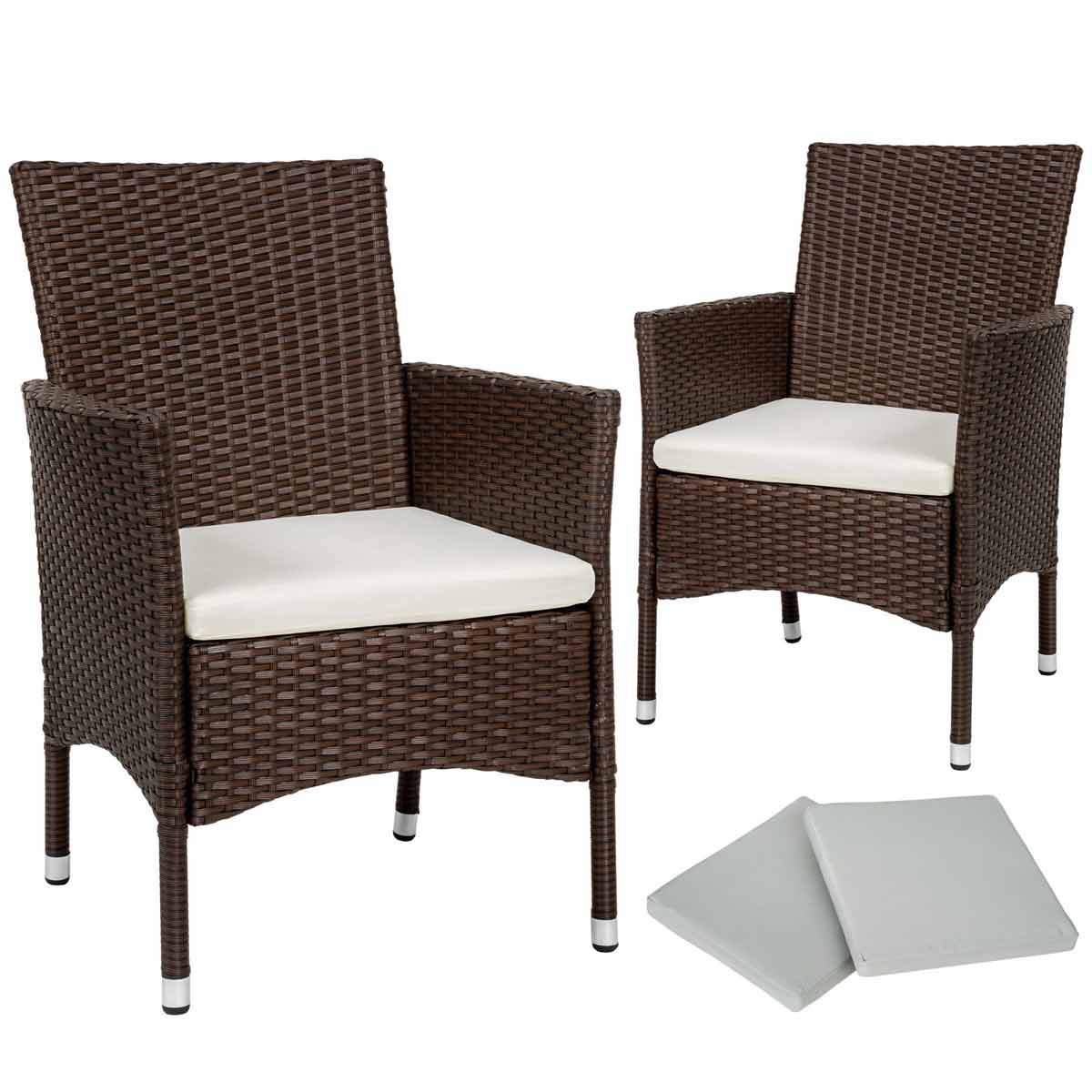 Two brown rattan garden chairs with white seat cushions, accompanied by four matching seat covers, showcasing a modern and stylish outdoor design.