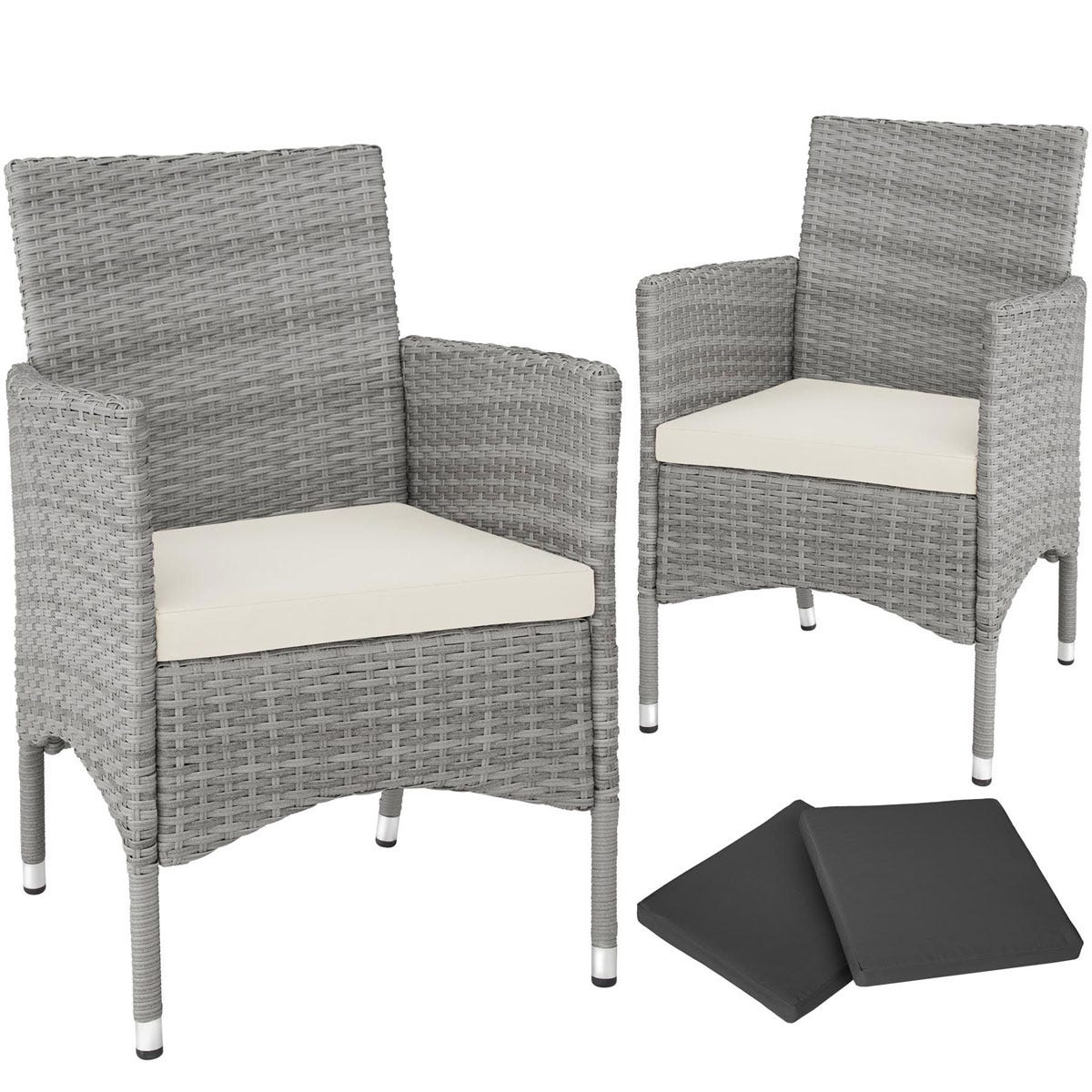 Two grey rattan garden chairs with cream seat cushions, accompanied by four grey seat covers, showcasing a modern and stylish outdoor seating option.