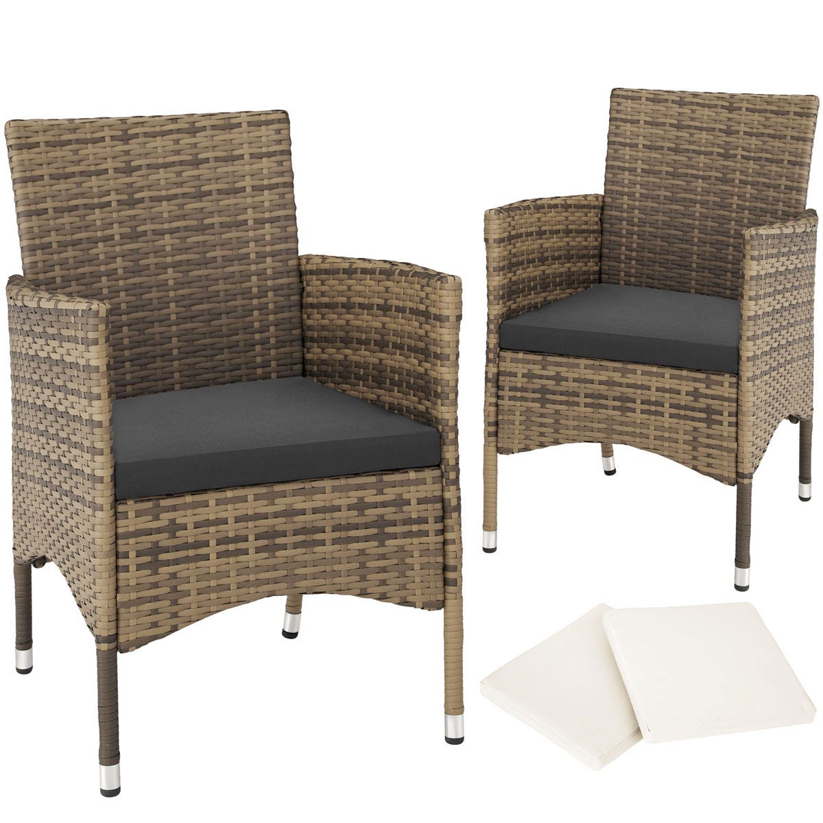 Two rattan garden chairs in a brown weave with gray cushions, accompanied by four cream seat covers, showcasing a modern outdoor design.
