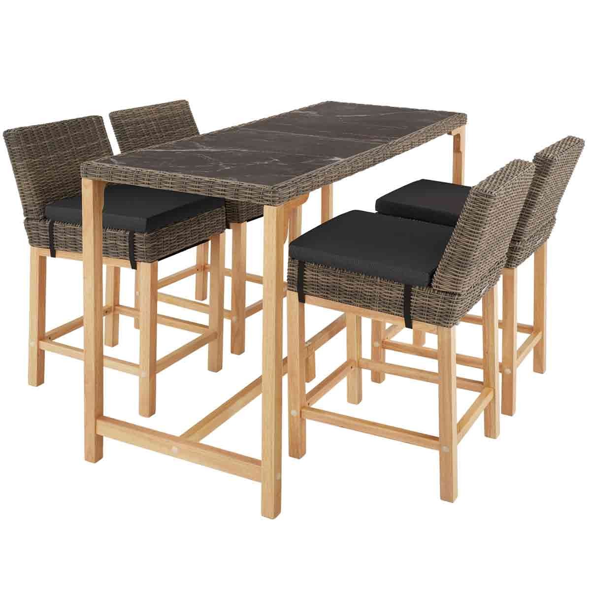 Brown bar table with a marble-like top and four matching bar stools featuring dark cushions and woven rattan backs, set on a sturdy wooden frame.