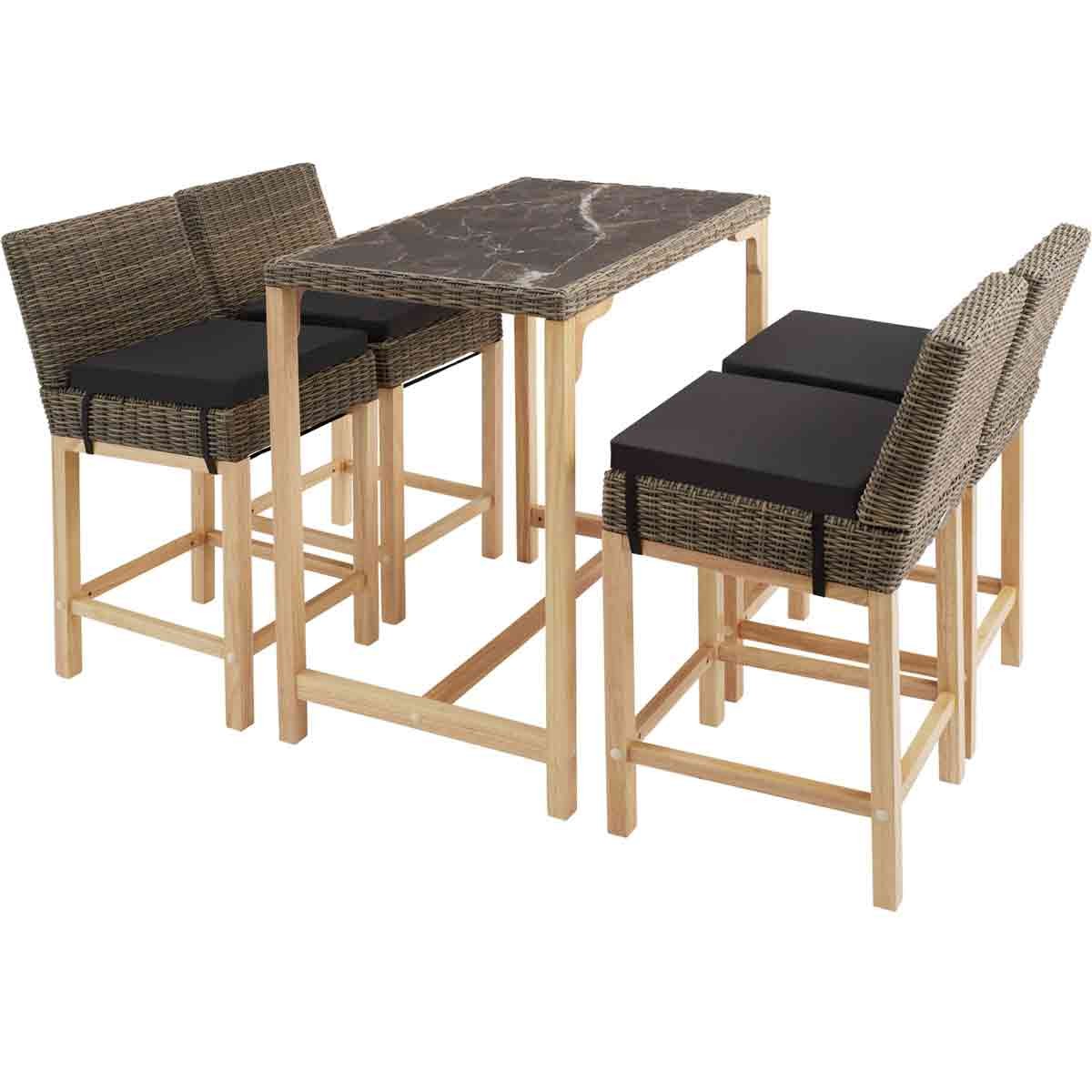 Brown bar table with a marble-patterned top and four matching bar stools featuring woven backs and black cushioned seats, all with a wooden frame.