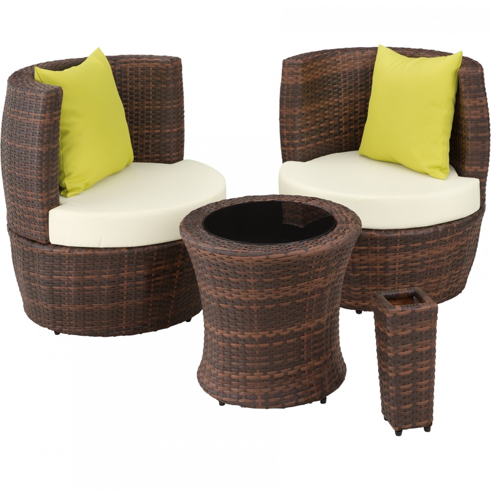 Brown and black rattan bistro set featuring two curved chairs with yellow cushions, a round table, and a matching side table, ideal for outdoor use.