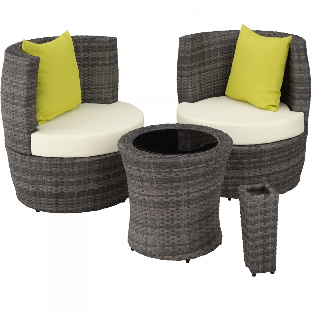 Grey rattan bistro set featuring two curved chairs with yellow cushions, a round glass-top table, and a matching waste bin, ideal for outdoor relaxation.