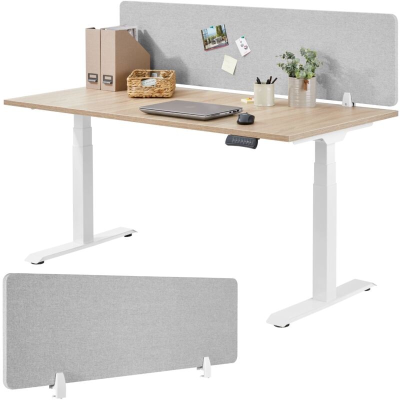 Grey sound-absorbing desk partition with a sleek design, featuring a smooth surface, mounted on a white adjustable frame, ideal for reducing noise in workspaces.